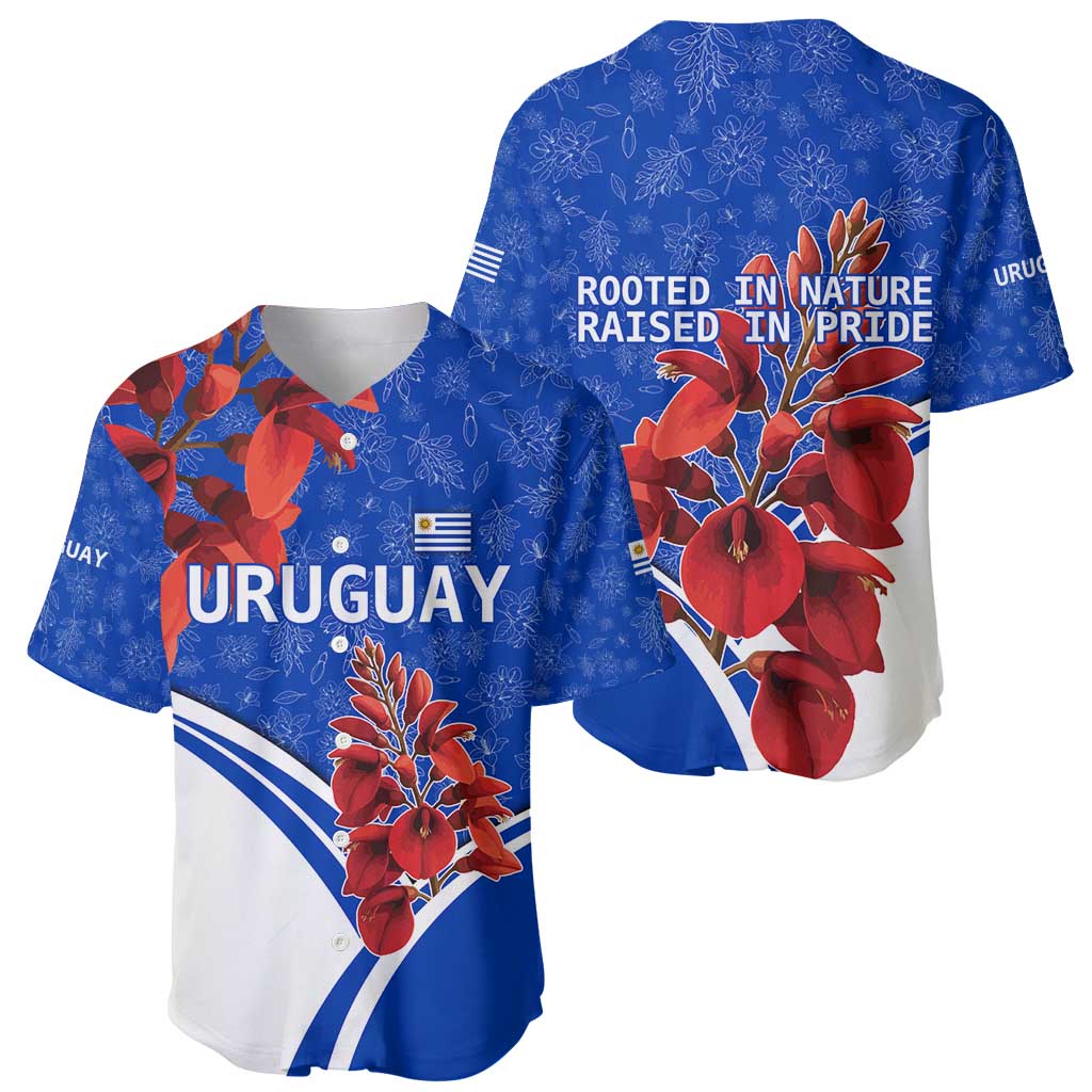 Uruguay Baseball Jersey with Erythrina Flower Illustration Blue White Nature - Wonder Print Shop