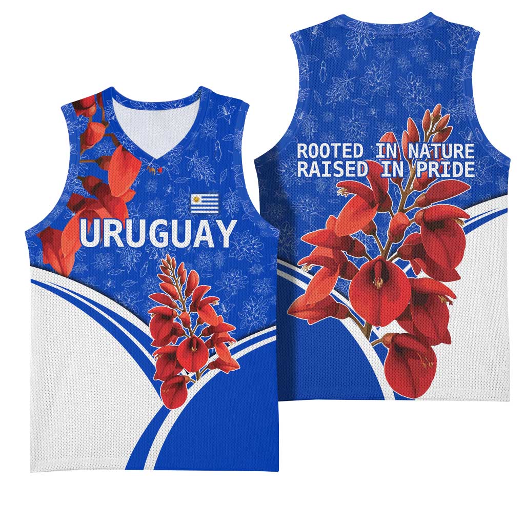 Uruguay Basketball Jersey with Erythrina Flower Illustration Blue White Nature - Wonder Print Shop