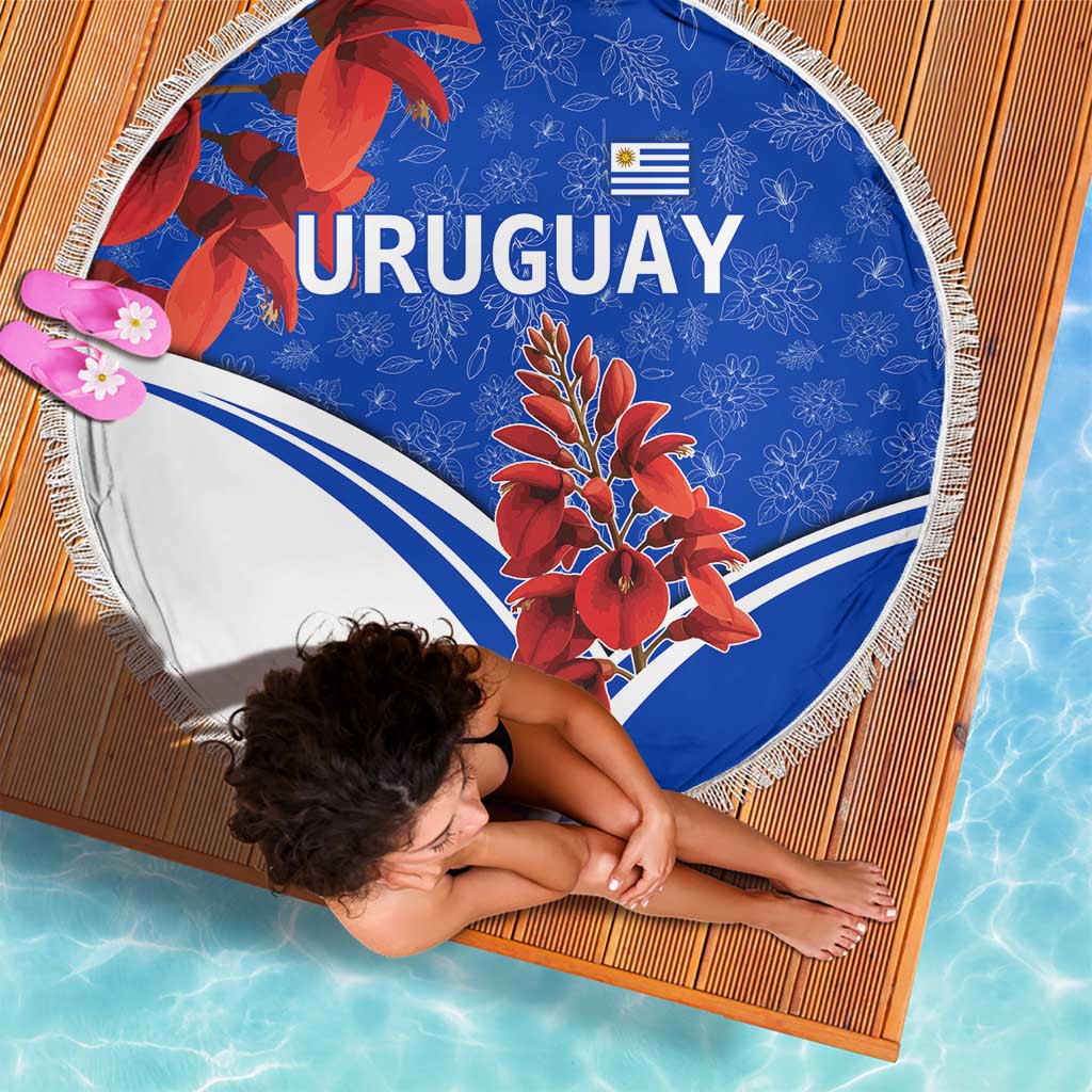 Uruguay Beach Blanket with Erythrina Flower Illustration Blue White Nature - Wonder Print Shop