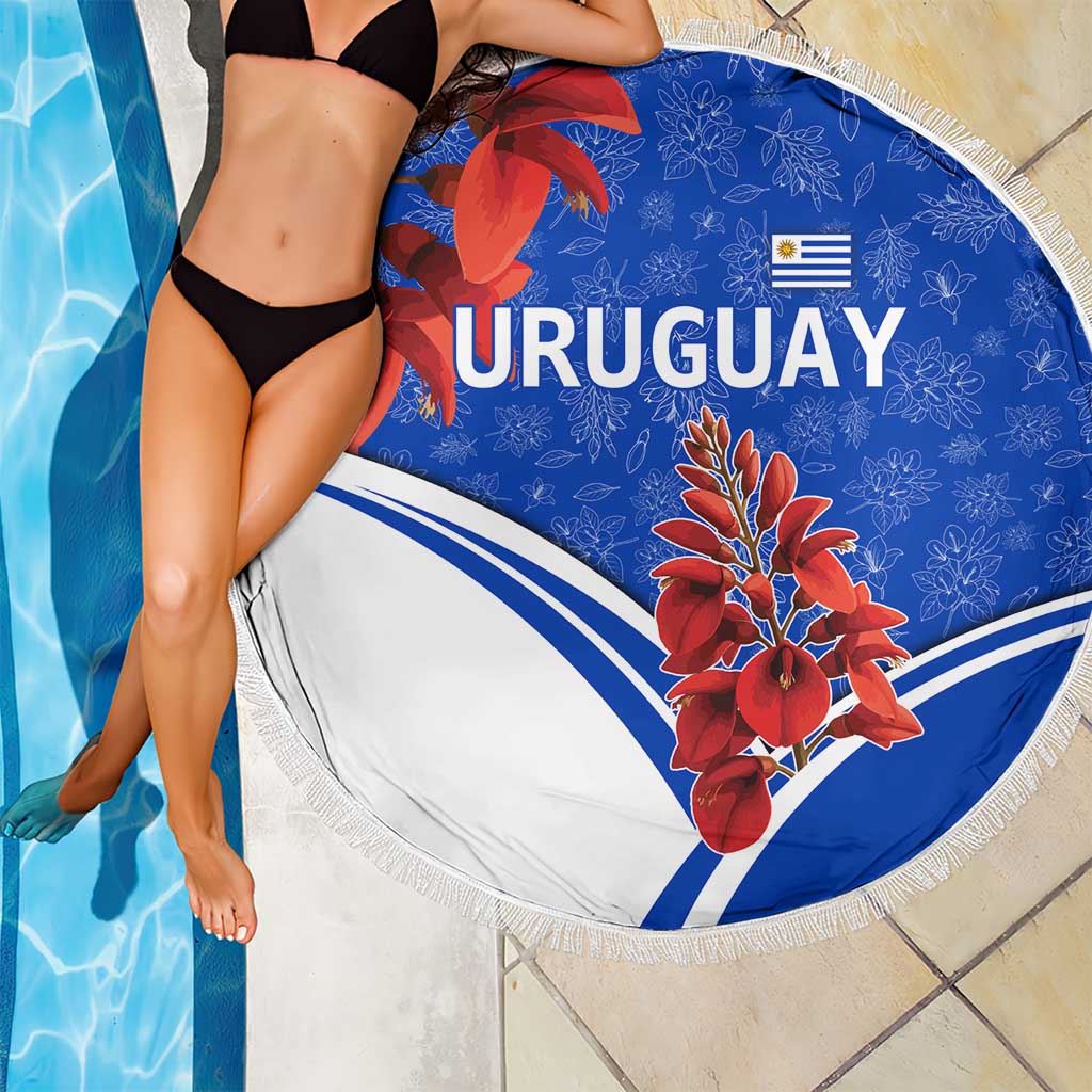 Uruguay Beach Blanket with Erythrina Flower Illustration Blue White Nature - Wonder Print Shop