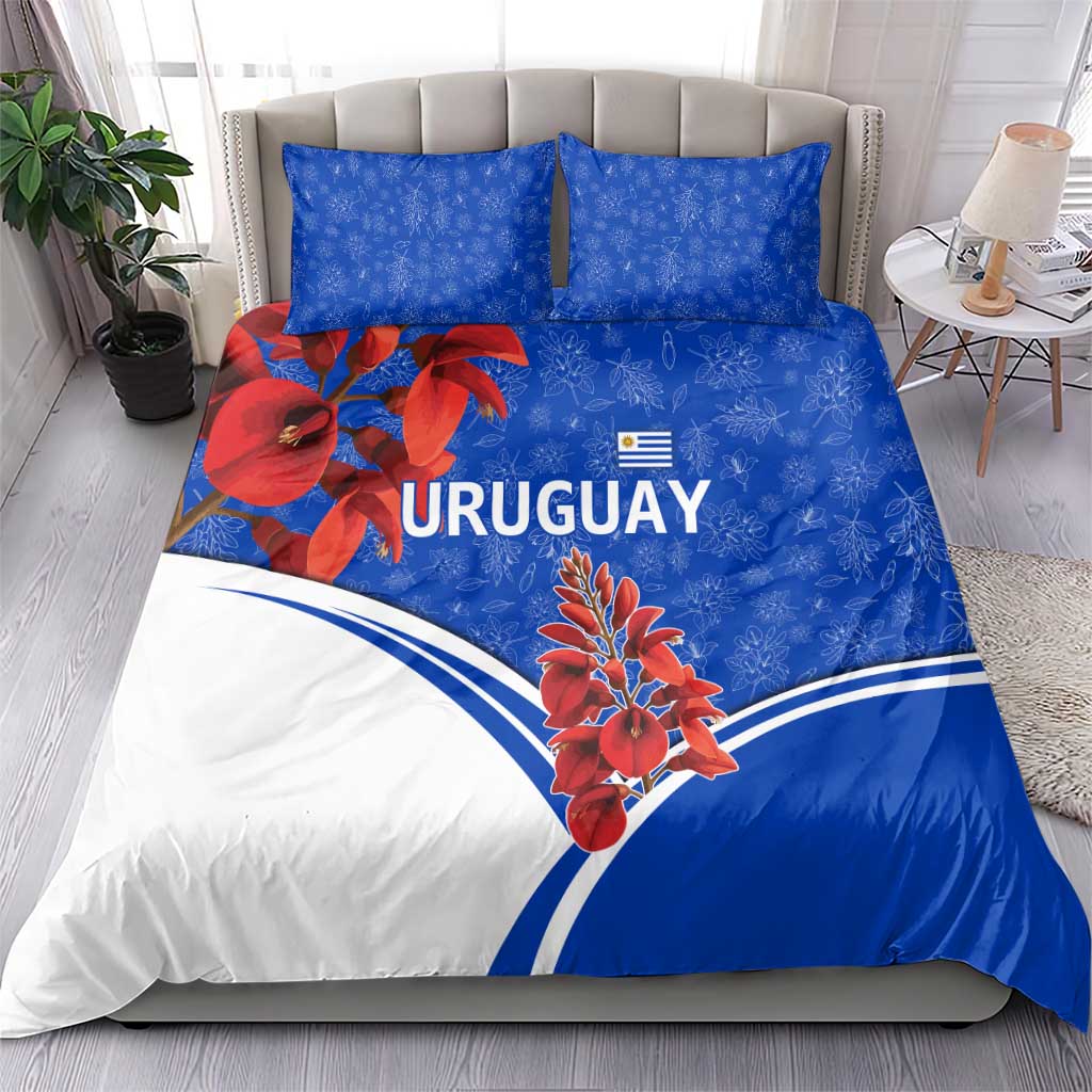 Uruguay Bedding Set with Erythrina Flower Illustration Blue White Nature - Wonder Print Shop