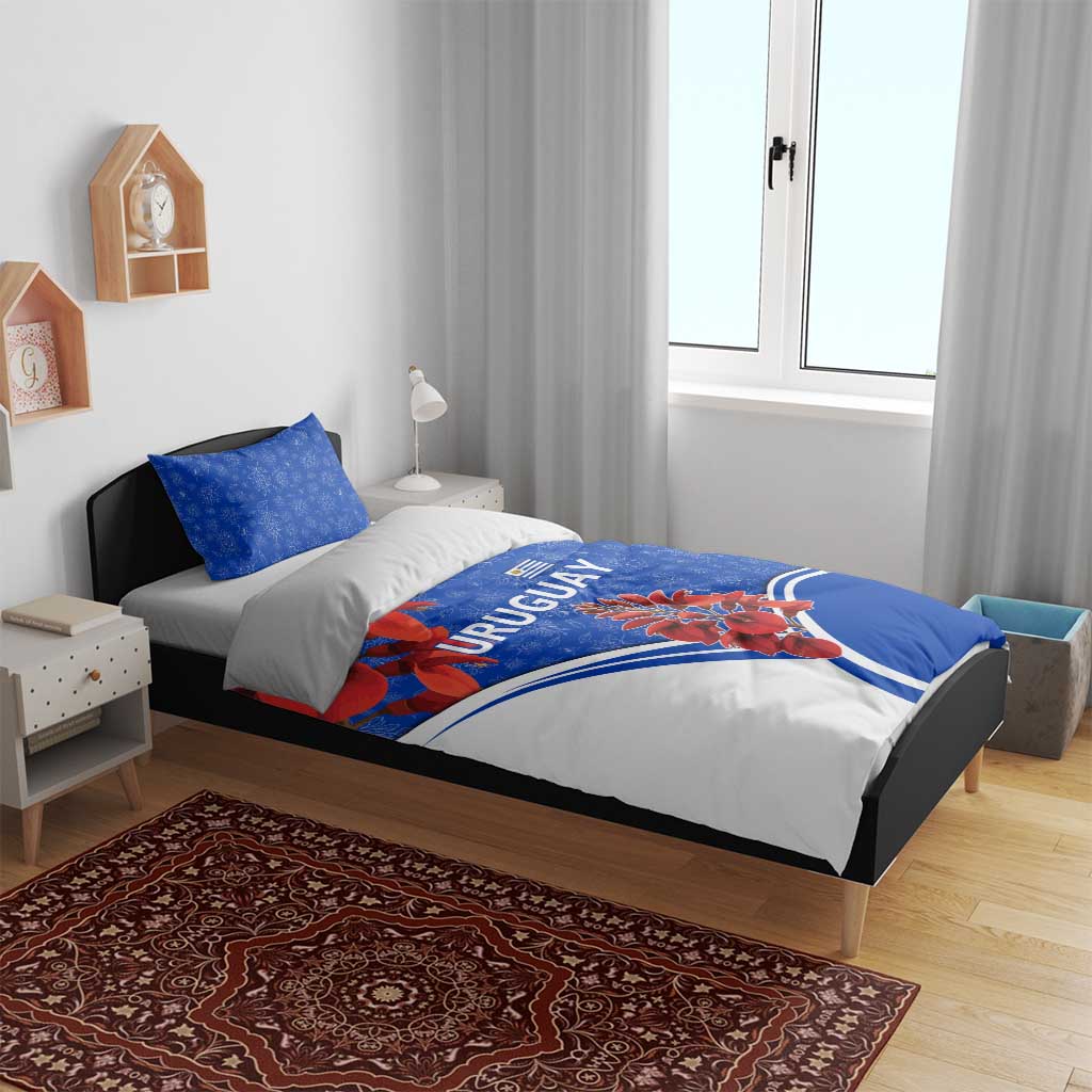 Uruguay Bedding Set with Erythrina Flower Illustration Blue White Nature - Wonder Print Shop