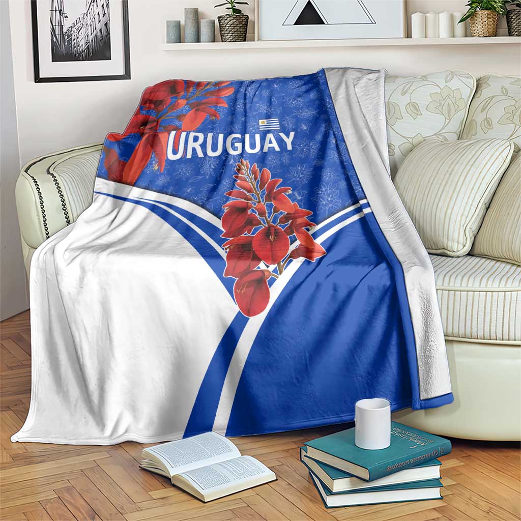 Uruguay Blanket with Erythrina Flower Illustration Blue White Nature - Wonder Print Shop