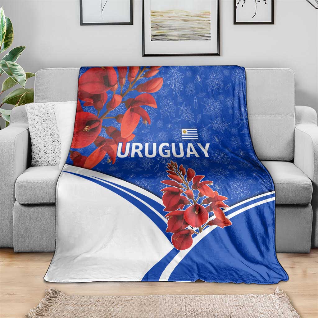 Uruguay Blanket with Erythrina Flower Illustration Blue White Nature - Wonder Print Shop