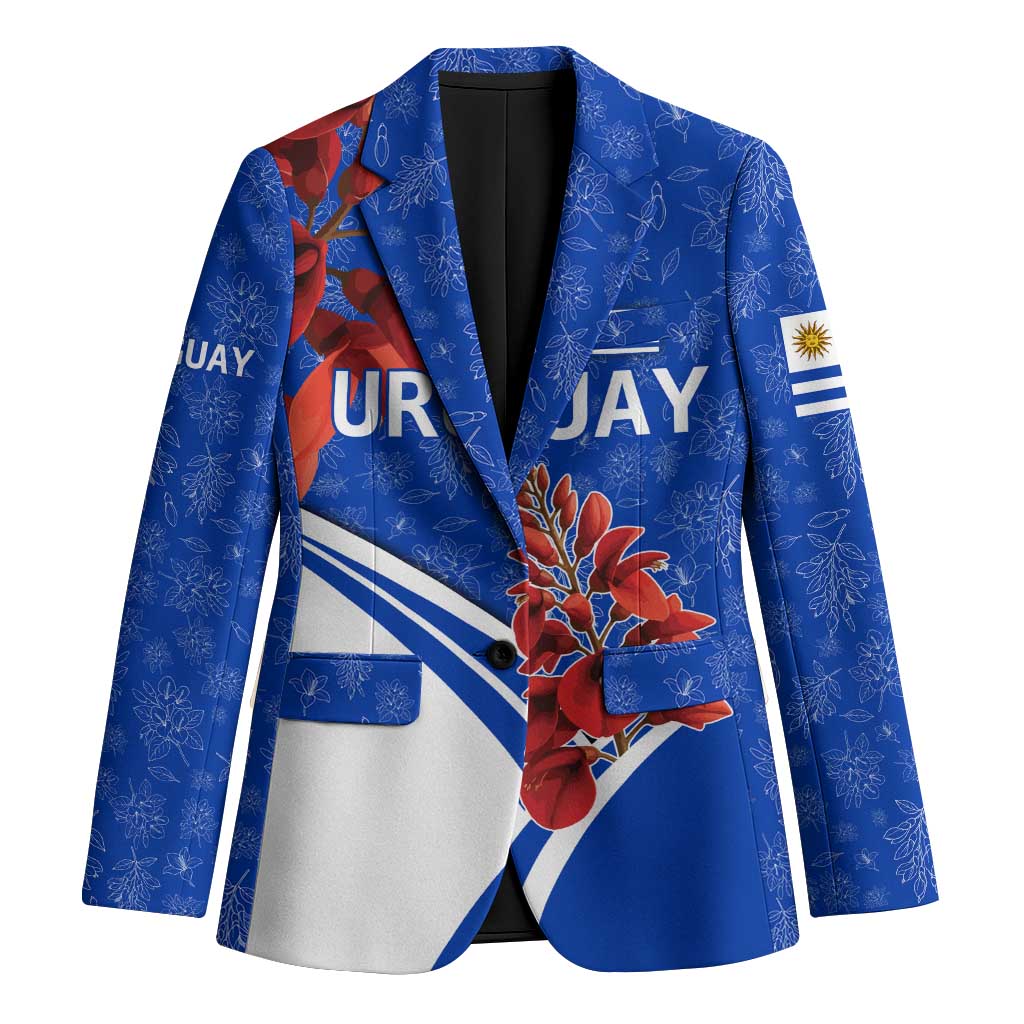 Uruguay Blazer with Erythrina Flower Illustration Blue White Nature - Wonder Print Shop