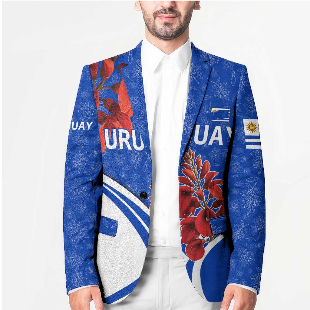 Uruguay Blazer with Erythrina Flower Illustration Blue White Nature - Wonder Print Shop