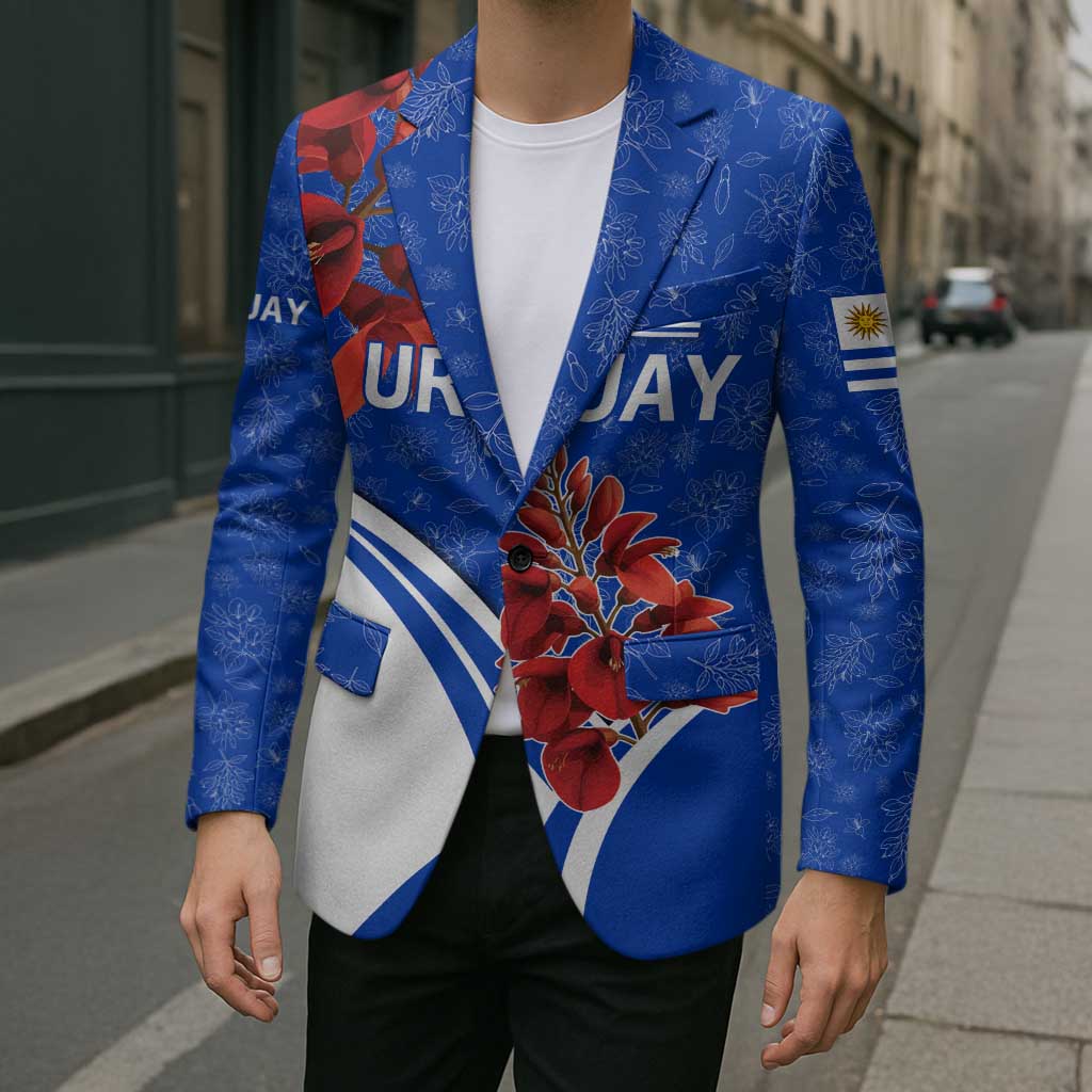 Uruguay Blazer with Erythrina Flower Illustration Blue White Nature - Wonder Print Shop