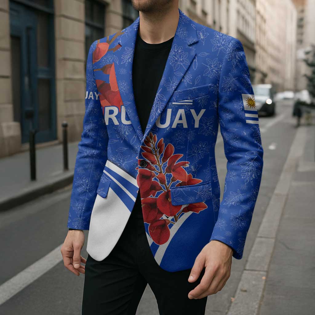 Uruguay Blazer with Erythrina Flower Illustration Blue White Nature - Wonder Print Shop