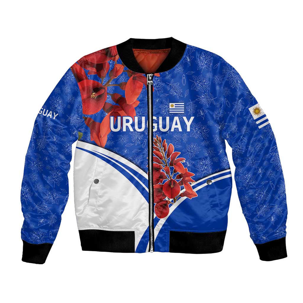 Uruguay Bomber Jacket with Erythrina Flower Illustration Blue White Nature - Wonder Print Shop