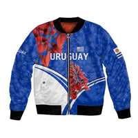 Uruguay Bomber Jacket with Erythrina Flower Illustration Blue White Nature - Wonder Print Shop
