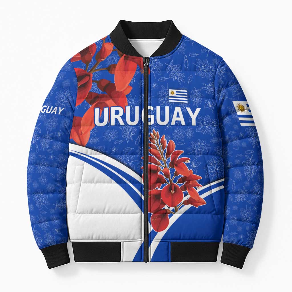 Uruguay Bomber Puffer Jacket with Erythrina Flower Illustration Blue White Nature - Wonder Print Shop