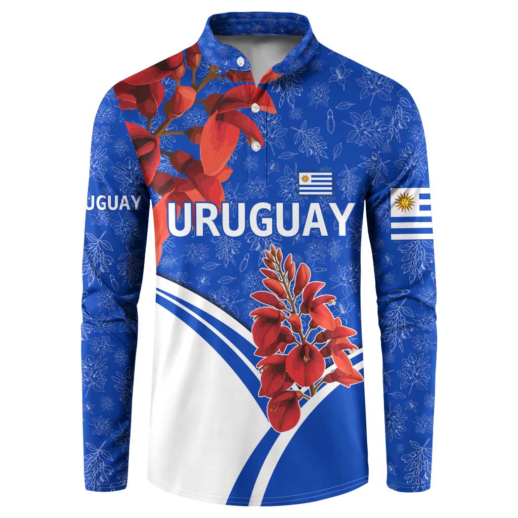 Uruguay Button Sweatshirt with Erythrina Flower Illustration Blue White Nature - Wonder Print Shop