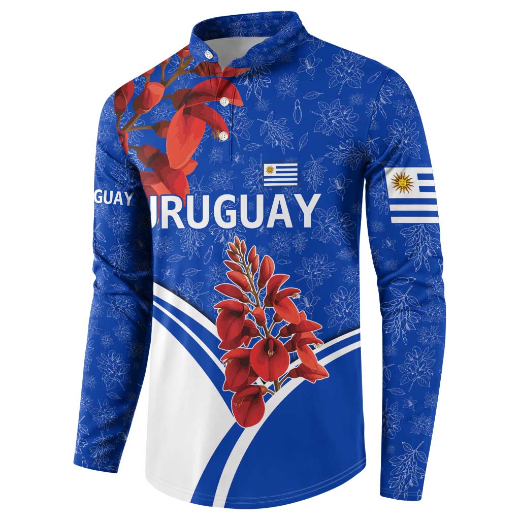 Uruguay Button Sweatshirt with Erythrina Flower Illustration Blue White Nature - Wonder Print Shop