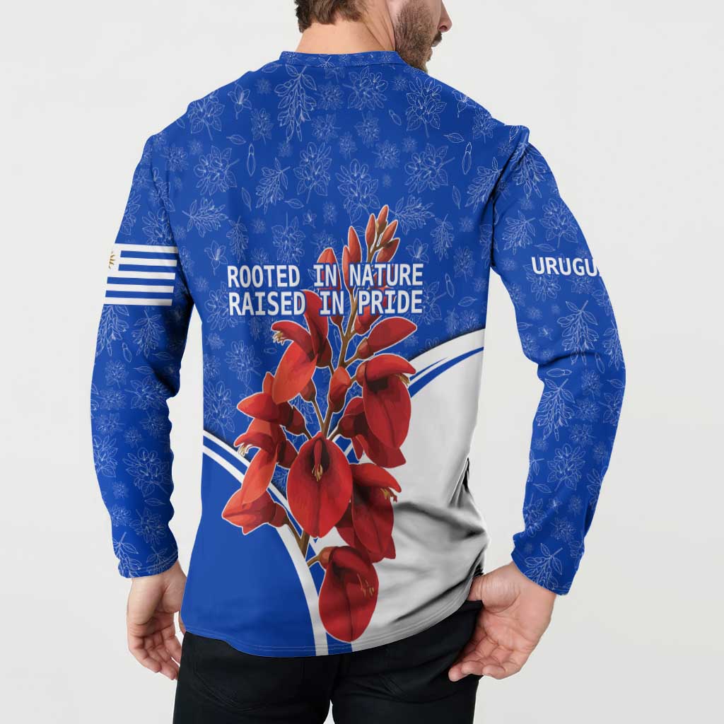 Uruguay Button Sweatshirt with Erythrina Flower Illustration Blue White Nature - Wonder Print Shop