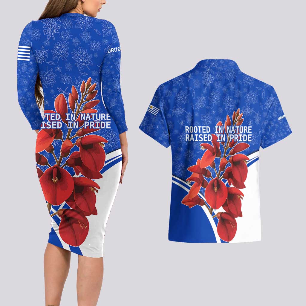 Uruguay Couples Matching Long Sleeve Bodycon Dress and Hawaiian Shirt with Erythrina Flower Illustration Blue White Nature - Wonder Print Shop