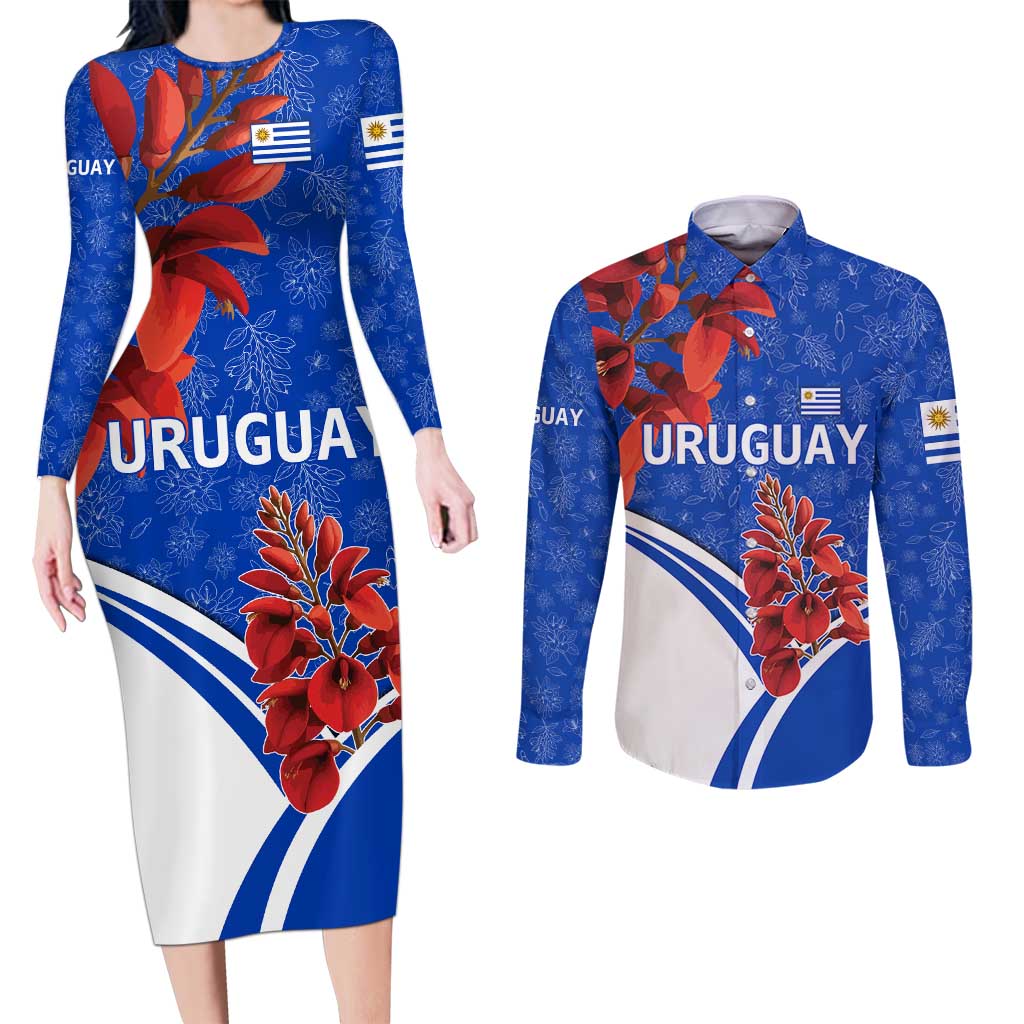 Uruguay Couples Matching Long Sleeve Bodycon Dress and Long Sleeve Button Shirt with Erythrina Flower Illustration Blue White Nature - Wonder Print Shop