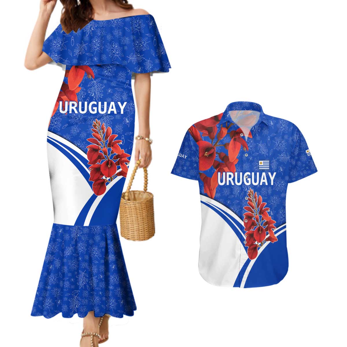 Uruguay Couples Matching Mermaid Dress and Hawaiian Shirt with Erythrina Flower Illustration Blue White Nature - Wonder Print Shop