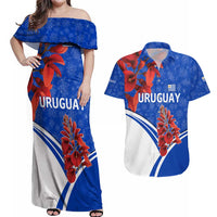 Uruguay Couples Matching Off Shoulder Maxi Dress and Hawaiian Shirt with Erythrina Flower Illustration Blue White Nature - Wonder Print Shop