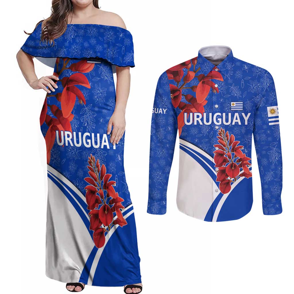 Uruguay Couples Matching Off Shoulder Maxi Dress and Long Sleeve Button Shirt with Erythrina Flower Illustration Blue White Nature - Wonder Print Shop