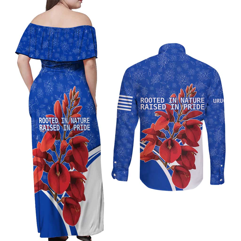 Uruguay Couples Matching Off Shoulder Maxi Dress and Long Sleeve Button Shirt with Erythrina Flower Illustration Blue White Nature - Wonder Print Shop