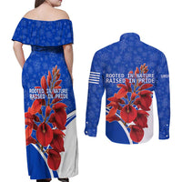 Uruguay Couples Matching Off Shoulder Maxi Dress and Long Sleeve Button Shirt with Erythrina Flower Illustration Blue White Nature - Wonder Print Shop