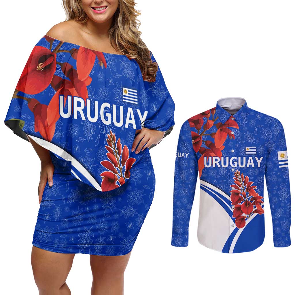 Uruguay Couples Matching Off Shoulder Short Dress and Long Sleeve Button Shirt with Erythrina Flower Illustration Blue White Nature - Wonder Print Shop