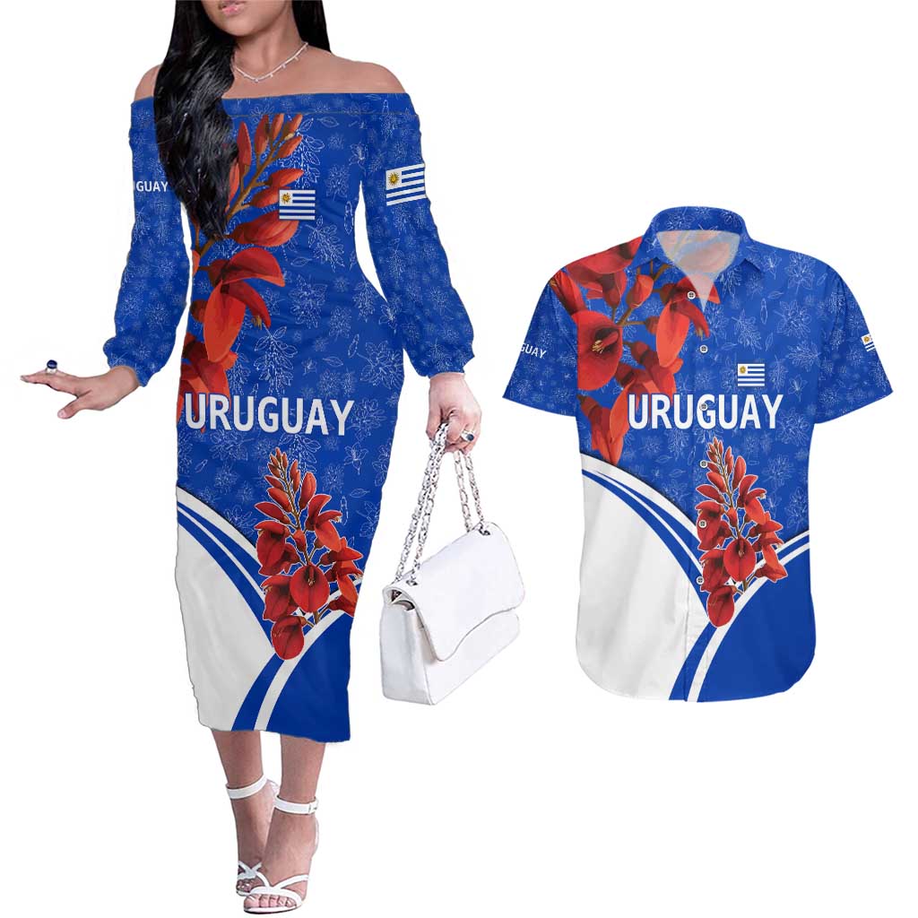 Uruguay Couples Matching Off The Shoulder Long Sleeve Dress and Hawaiian Shirt with Erythrina Flower Illustration Blue White Nature - Wonder Print Shop