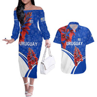Uruguay Couples Matching Off The Shoulder Long Sleeve Dress and Hawaiian Shirt with Erythrina Flower Illustration Blue White Nature - Wonder Print Shop