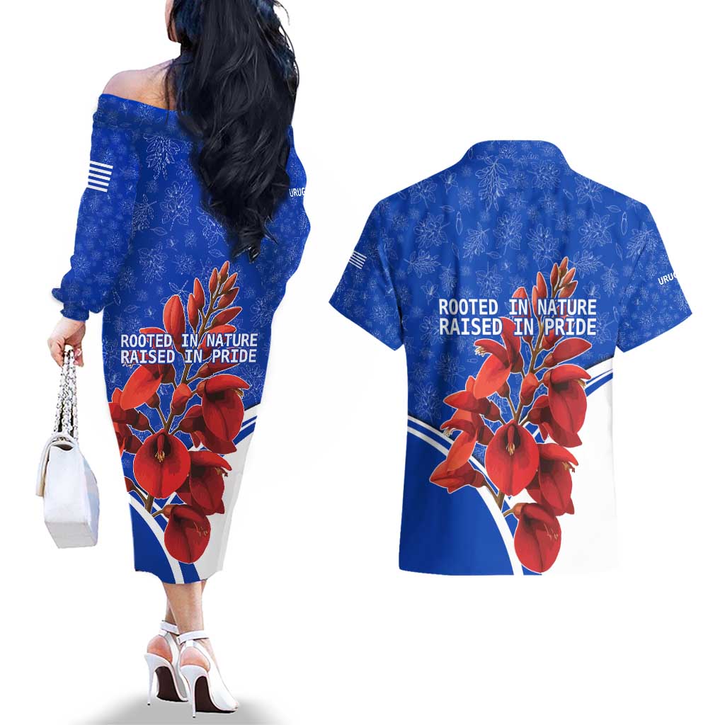 Uruguay Couples Matching Off The Shoulder Long Sleeve Dress and Hawaiian Shirt with Erythrina Flower Illustration Blue White Nature - Wonder Print Shop