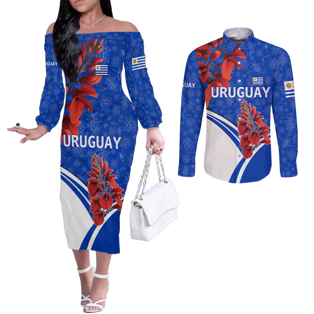 Uruguay Couples Matching Off The Shoulder Long Sleeve Dress and Long Sleeve Button Shirt with Erythrina Flower Illustration Blue White Nature - Wonder Print Shop