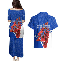 Uruguay Couples Matching Puletasi and Hawaiian Shirt with Erythrina Flower Illustration Blue White Nature - Wonder Print Shop