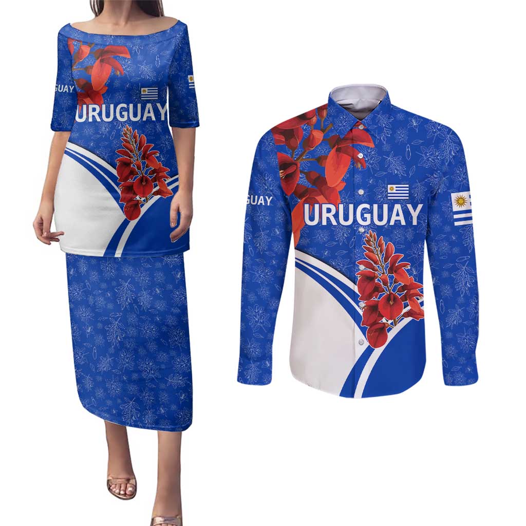 Uruguay Couples Matching Puletasi and Long Sleeve Button Shirt with Erythrina Flower Illustration Blue White Nature - Wonder Print Shop