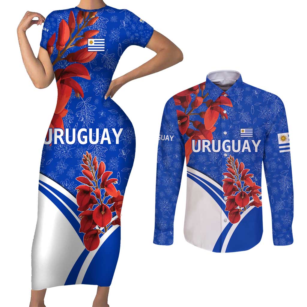 Uruguay Couples Matching Short Sleeve Bodycon Dress and Long Sleeve Button Shirt with Erythrina Flower Illustration Blue White Nature - Wonder Print Shop