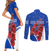 Uruguay Couples Matching Short Sleeve Bodycon Dress and Long Sleeve Button Shirt with Erythrina Flower Illustration Blue White Nature - Wonder Print Shop