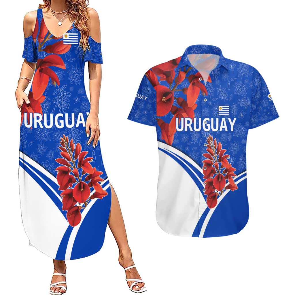 Uruguay Couples Matching Summer Maxi Dress and Hawaiian Shirt with Erythrina Flower Illustration Blue White Nature - Wonder Print Shop