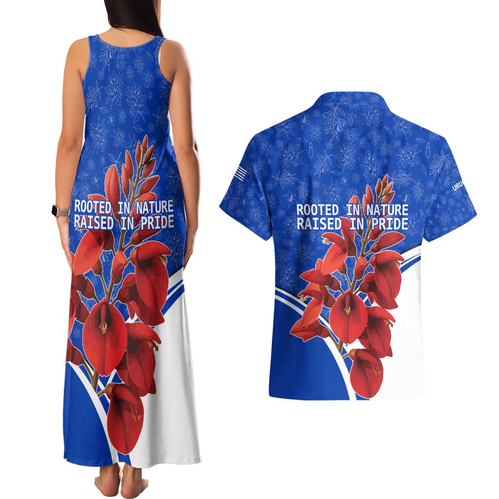 Uruguay Couples Matching Tank Maxi Dress and Hawaiian Shirt with Erythrina Flower Illustration Blue White Nature - Wonder Print Shop
