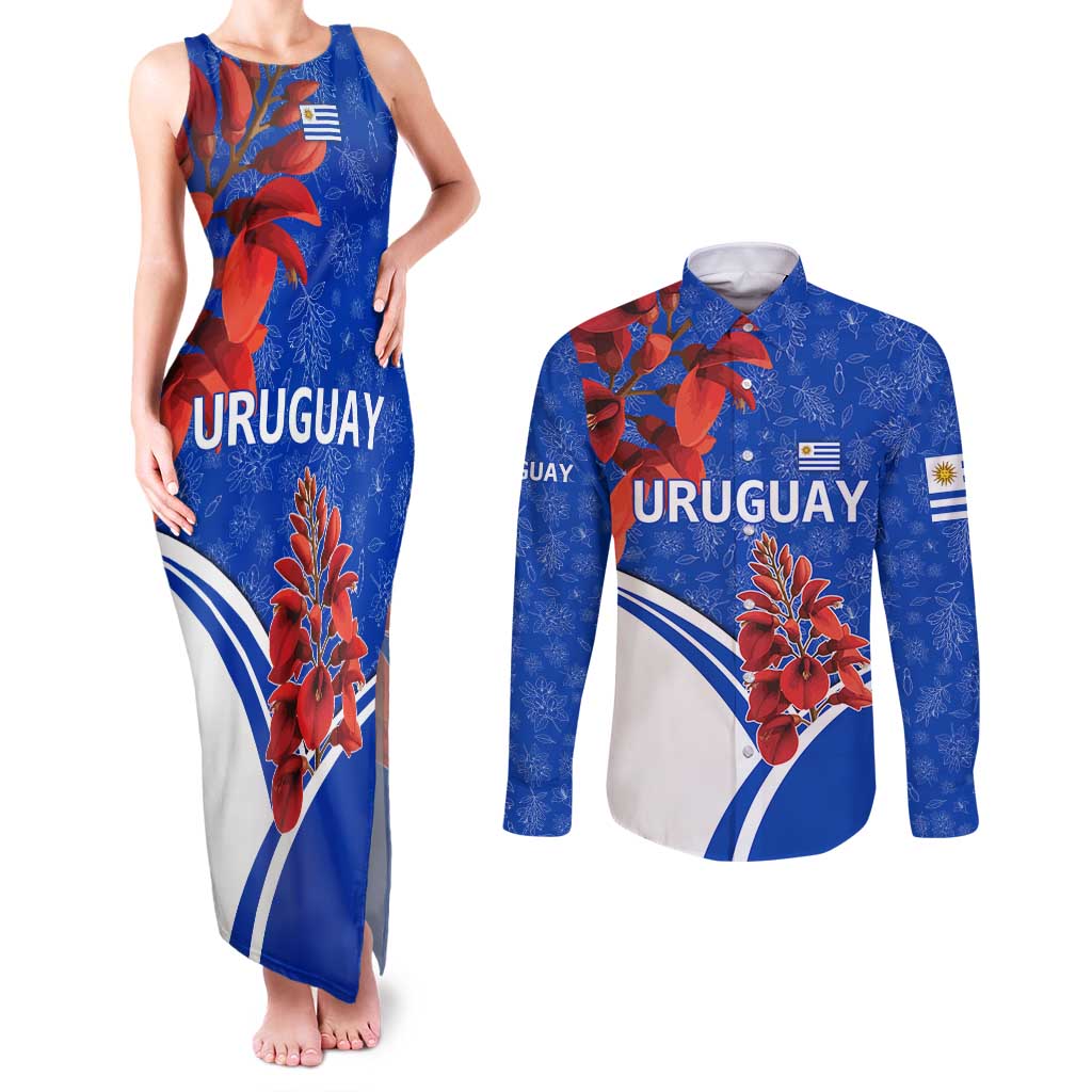 Uruguay Couples Matching Tank Maxi Dress and Long Sleeve Button Shirt with Erythrina Flower Illustration Blue White Nature - Wonder Print Shop