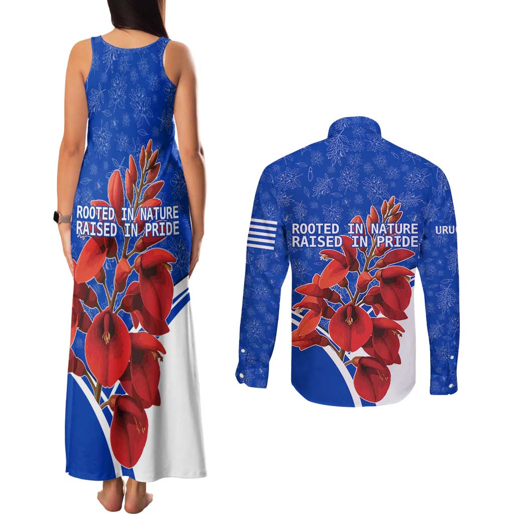 Uruguay Couples Matching Tank Maxi Dress and Long Sleeve Button Shirt with Erythrina Flower Illustration Blue White Nature - Wonder Print Shop