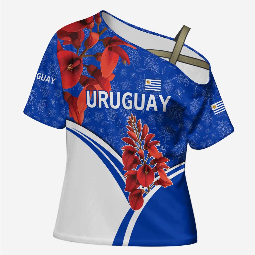 Uruguay Cross Shoulder Shirt with Erythrina Flower Illustration Blue White Nature - Wonder Print Shop