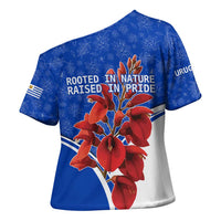 Uruguay Cross Shoulder Shirt with Erythrina Flower Illustration Blue White Nature - Wonder Print Shop