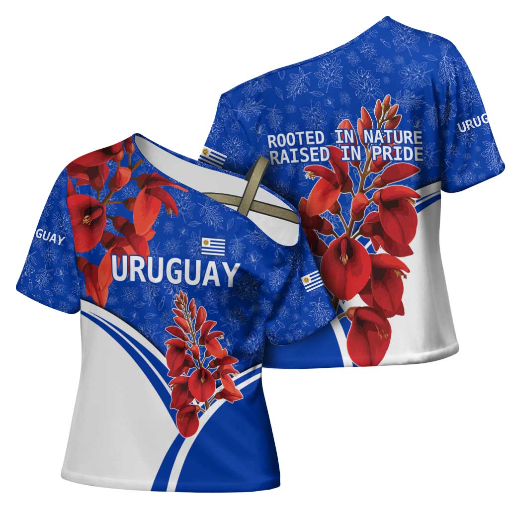 Uruguay Cross Shoulder Shirt with Erythrina Flower Illustration Blue White Nature - Wonder Print Shop