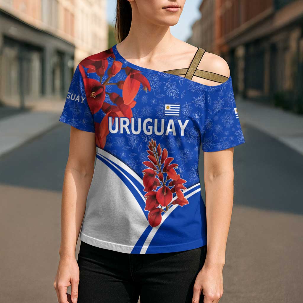 Uruguay Cross Shoulder Shirt with Erythrina Flower Illustration Blue White Nature - Wonder Print Shop
