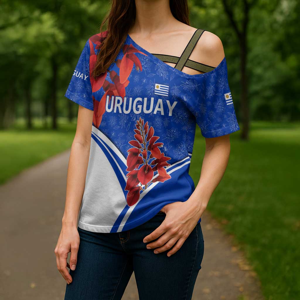 Uruguay Cross Shoulder Shirt with Erythrina Flower Illustration Blue White Nature - Wonder Print Shop