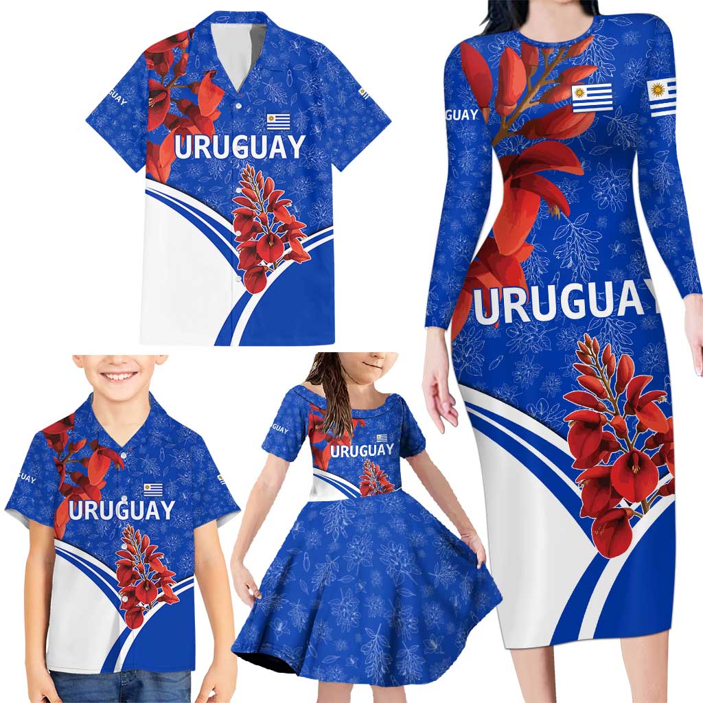 Uruguay Family Matching Long Sleeve Bodycon Dress and Hawaiian Shirt with Erythrina Flower Illustration Blue White Nature - Wonder Print Shop