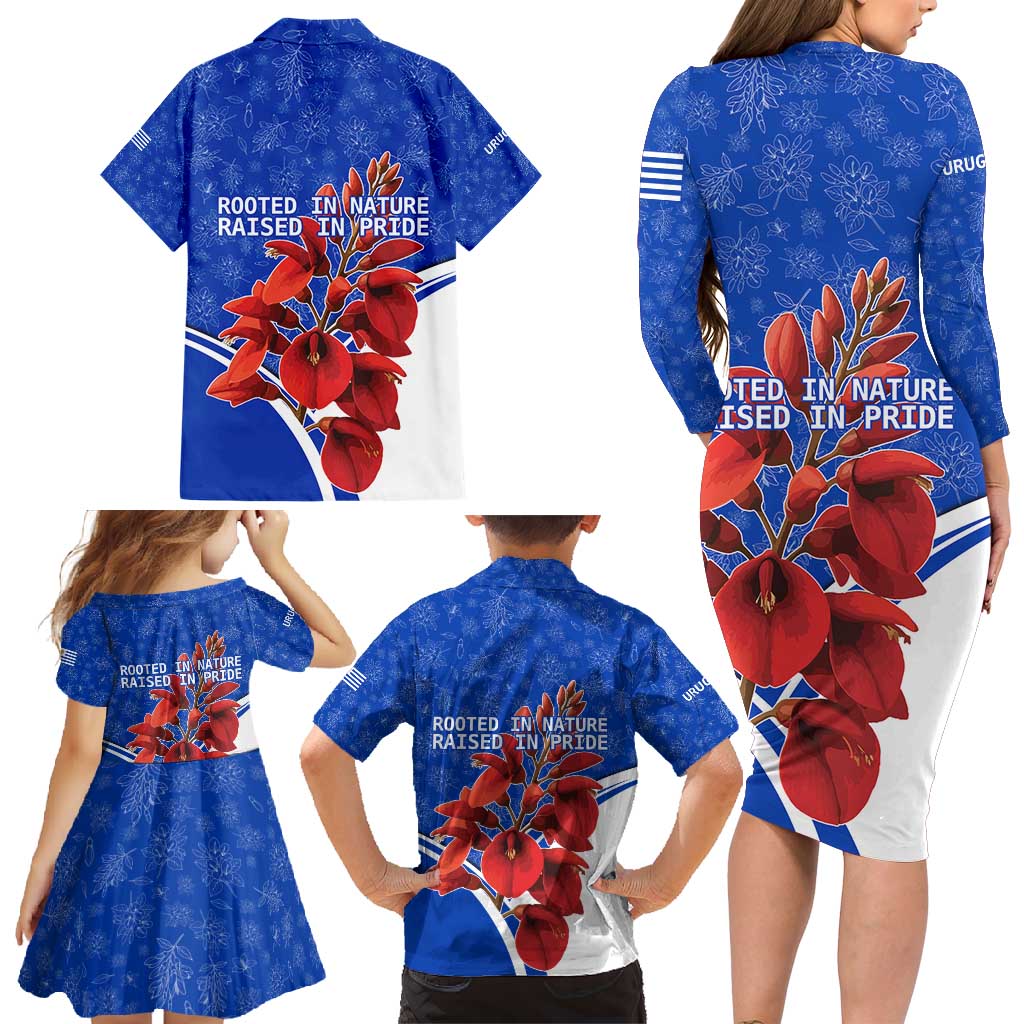 Uruguay Family Matching Long Sleeve Bodycon Dress and Hawaiian Shirt with Erythrina Flower Illustration Blue White Nature - Wonder Print Shop