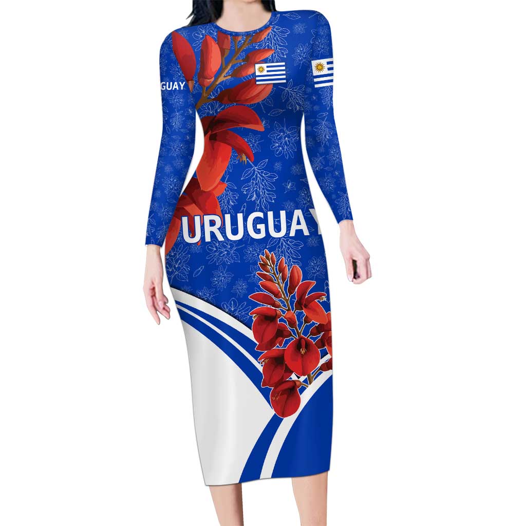Uruguay Family Matching Long Sleeve Bodycon Dress and Hawaiian Shirt with Erythrina Flower Illustration Blue White Nature - Wonder Print Shop
