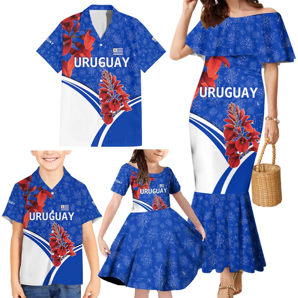 Uruguay Family Matching Mermaid Dress and Hawaiian Shirt with Erythrina Flower Illustration Blue White Nature - Wonder Print Shop