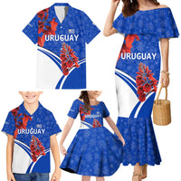 Uruguay Family Matching Mermaid Dress and Hawaiian Shirt with Erythrina Flower Illustration Blue White Nature - Wonder Print Shop