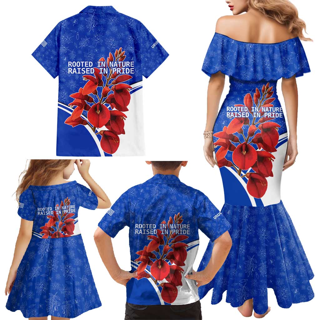 Uruguay Family Matching Mermaid Dress and Hawaiian Shirt with Erythrina Flower Illustration Blue White Nature - Wonder Print Shop
