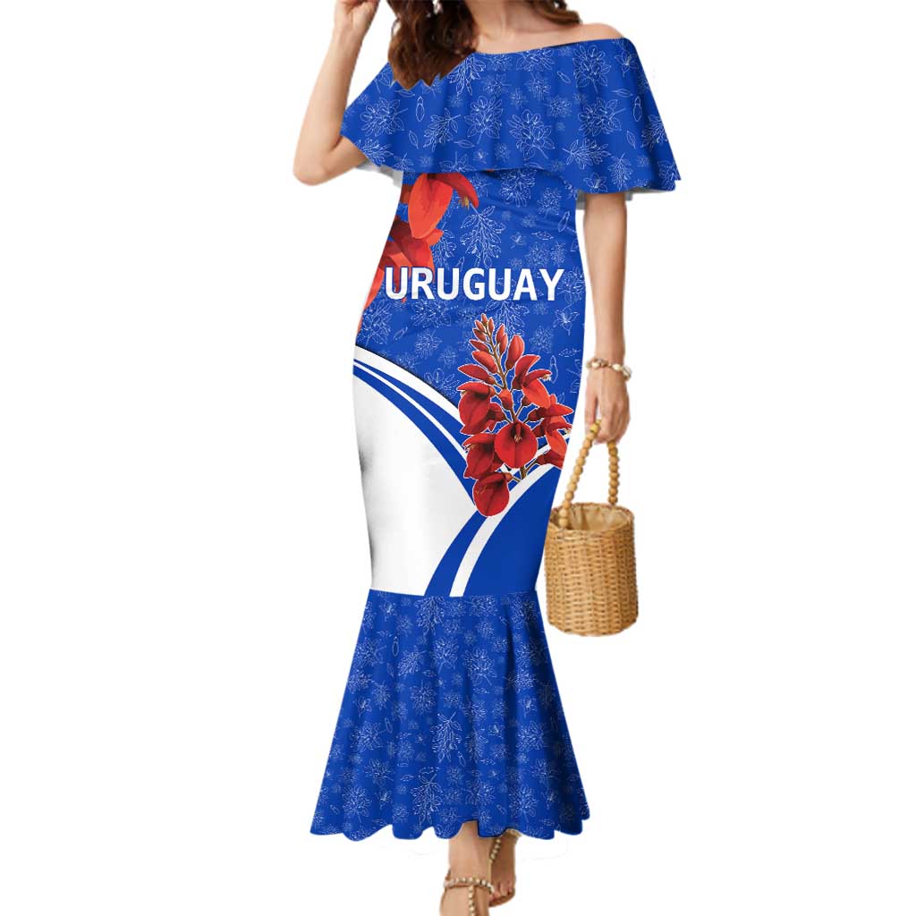 Uruguay Family Matching Mermaid Dress and Hawaiian Shirt with Erythrina Flower Illustration Blue White Nature - Wonder Print Shop